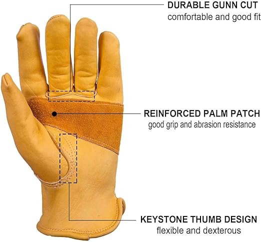 1 OZERO Flex Grip Cowhide Work Gloves Stretchable Tough Leather Working Glove 1 Pair (Gold, Medium)