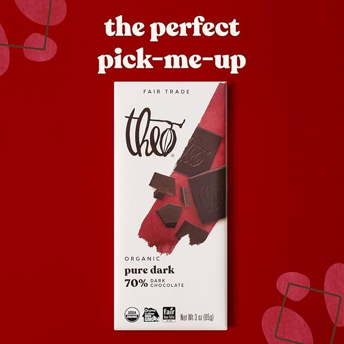 2 Theo Chocolate Pure Organic Dark Chocolate Bar, 70% Cacao, 6 Pack | Vegan, Fair Trade