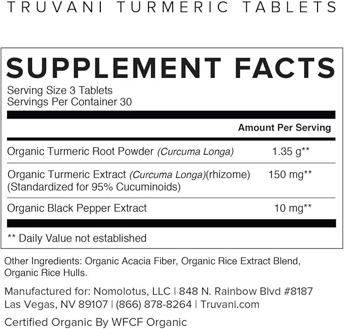 1 Truvani Organic Turmeric Curcumin Tablets 1,350 mg Each - Natural Joint Support with Black Pepper for Absorption - 90 Tablets
