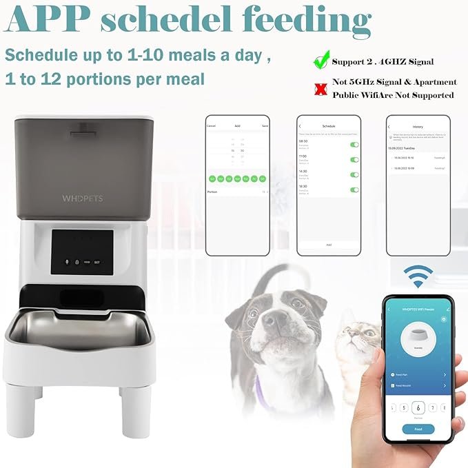 1 Automatic Cat Feeder, WHDPETS 4L WiFi Automatic Cat Food Dispenser with App Control Elevated Dog Feeder with Stainless Steel Bowl, Silicone Dog Bowl, Feeding Mat, 10s Voice Recorder(2.4G WiFi Only)