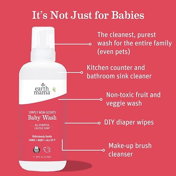 2 Earth Mama Simply Non-Scents Baby Wash Foaming Hand Soap, Organic All-Purpose Fragrance Free Body Wash for Sensitive Skin, Castile Soap with Coconut Oil, Shea Butter, Calendula, & Aloe, 34floz