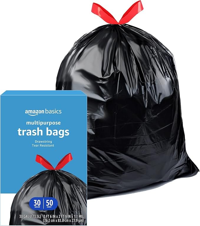 3 Amazon Basics Multipurpose Drawstring Trash Bags, Unscented, 30 Gallon, 50 Count (Previously Solimo)