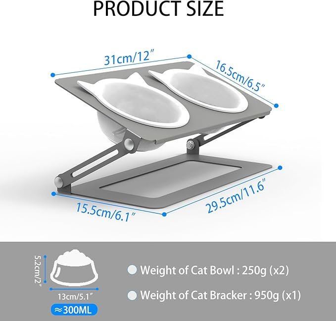 4 Pandaq Adjustable Cat Feeder,Elevated Cat Ceramic Bowls 15° Tilted Raised Cat Food Bowls with 2 Thickened Ceramic Bowls 300ML & A Sturdy Iron Stand for Cats