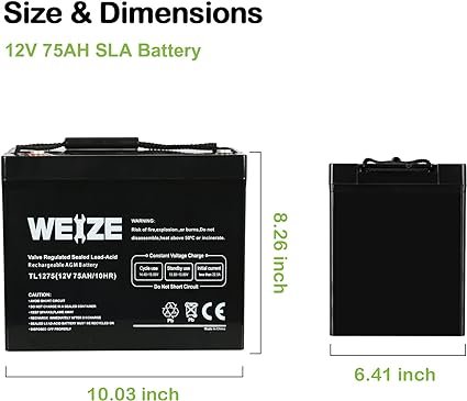 1 Weize 12V 75AH Extended Durability Battery for Wayne ESP25 WSS30V Backup Sump Pump, Trolling Motor, Solar System, Mobility Wheelchair, General Applications