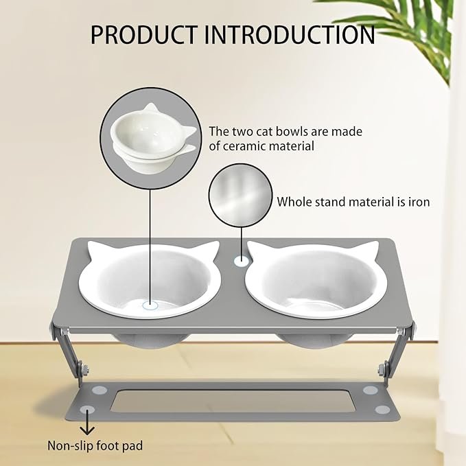 3 Pandaq Adjustable Cat Feeder,Elevated Cat Ceramic Bowls 15° Tilted Raised Cat Food Bowls with 2 Thickened Ceramic Bowls 300ML & A Sturdy Iron Stand for Cats