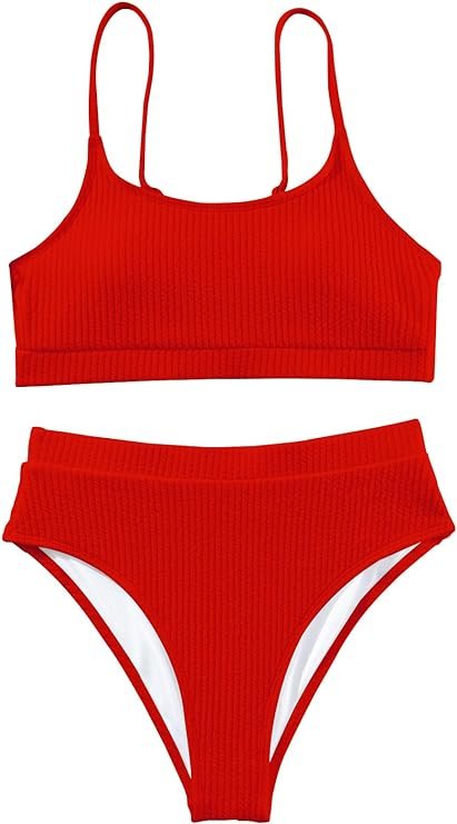 1 Lilosy High Waisted Tummy Control Ribbed Bikini Crop Top Brazilian Swimsuit Set 2 Piece