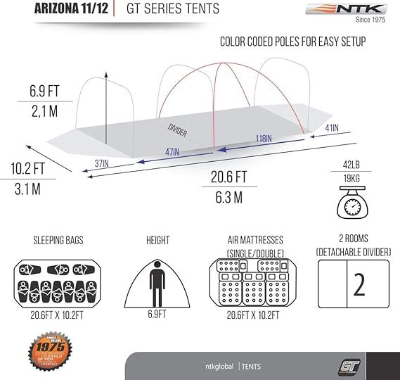 1 NTK Arizona GT 12 Person Tent for Family Camping | 17x8 ft Camping Tent with 2 Rooms, 2 Doors, 100% Waterproof Dome & Breathable Mesh | Outdoor Tent | 2500 mm Warm & Cold Weather Family Tent