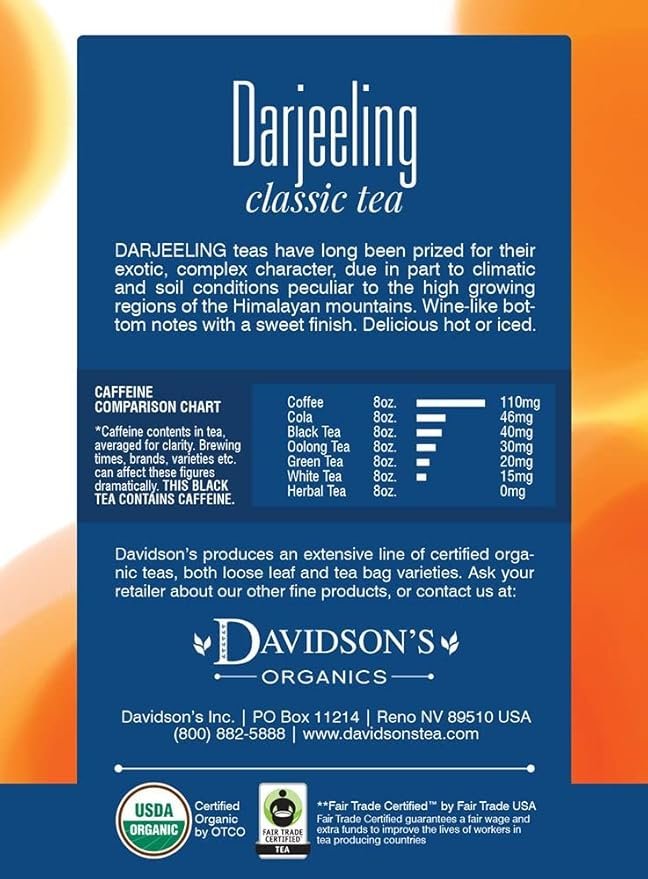 1 Davidson's Organics, Darjeeling, 8-count Tea Bags, Pack of 12