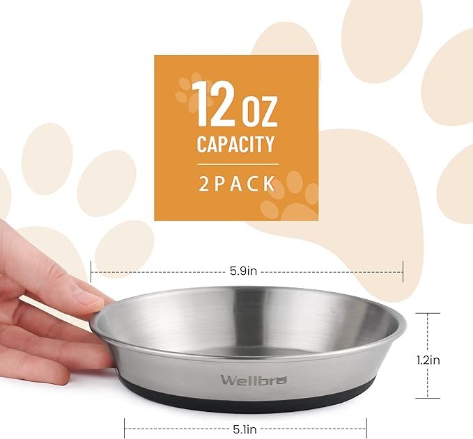 4 Wellbro Cat Bowls, 2 Pcs Stainless Steel Cat Bowls for Food and Water, Whisker Fatigue Shallow Non-Slip Cat Dishes Plates for Small Dog Puppies Cats