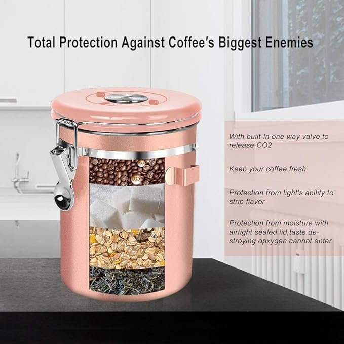 4 NEX Golden Coffee Jar, 22oz Steel Container with Spoon, Date Recorder, CO2 Ventilation System for Coffee, Tea, Flour, Cereal, Sugar