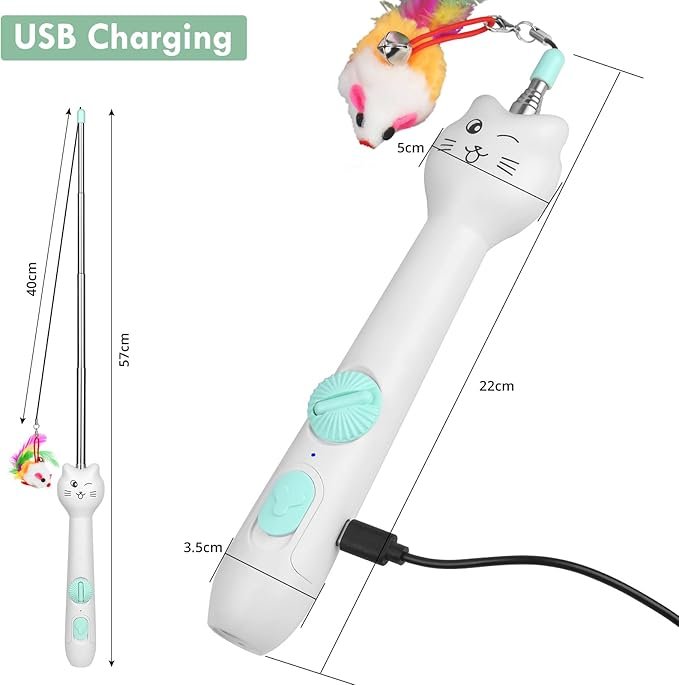 4 Cat Toy Interactive, Rechargeable Laser Pointer, Cat Wand with Feather Toy, 2-in-1 Cat Toy for Indoor Cat, Kitten Pet Laser Toy for Fun Playing, White