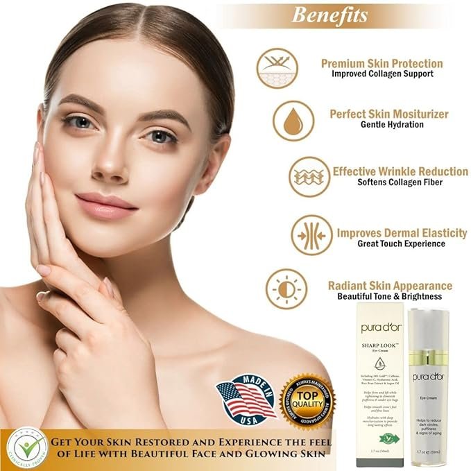 3 PURA D'OR Sharp Look Eye Cream (1.7oz) Youth-Enhancing Eye Cream For Firm Lift and Reduced Appearance of Wrinkles and Fine Lines, Puffiness and Under Eye Bags With 24K Gold