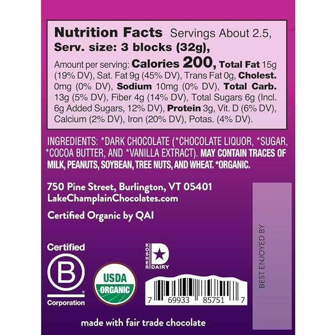 1 Lake Champlain 80% Cocoa Super Dark Organic Chocolate Bar, 3 Ounces