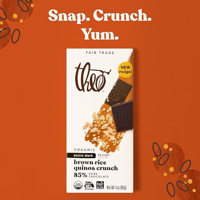 2 Theo Chocolate Brown Rice Quinoa Crunch Organic Dark Chocolate Bar, 85% Cacao, 6 Pack | Vegan, Fair Trade