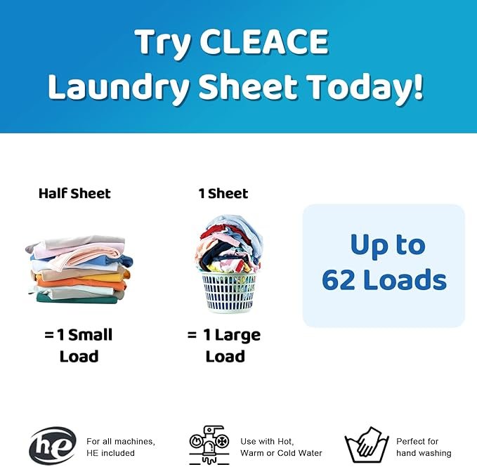 2 CLEACE Laundry Detergent Sheets Travel Packets (62 Loads, Blueberry Scent, Individual Packages, 31 Sheets) Biodegradable Liquidless Washing Strips - Easy to Carry and Use for Travel, Camping, Dorms, Hotel, Home