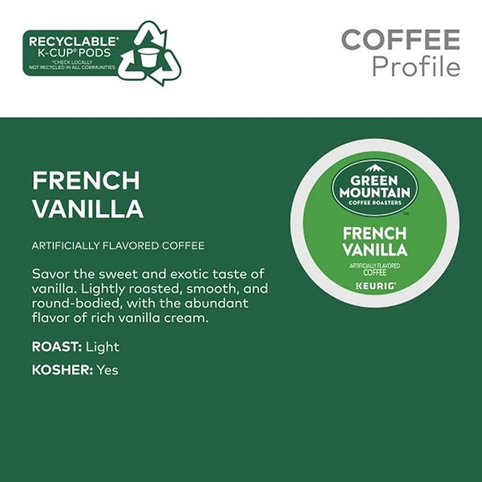 2 Green Mountain Coffee Roasters French Vanilla Coffee, Keurig Single-Serve Pods, Light Roast, 32 Units