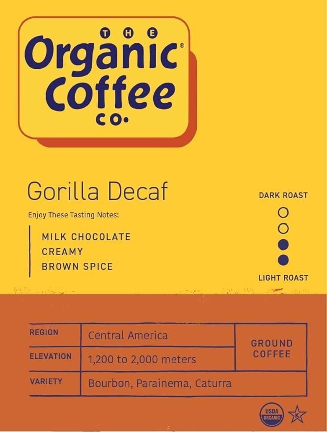 1 The Organic Coffee Co. Ground Coffee - Gorilla Decaf (12oz Bag), Medium Roast, Swiss Water Processed, USDA Organic