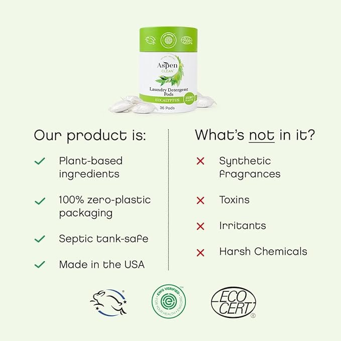2 Eucalyptus Laundry Pods by AspenClean, New and Improved Packaging, Zero Plastic, EWG Verified™, Vegan, Hypoallergenic Natural Laundry Detergent - 36 Count
