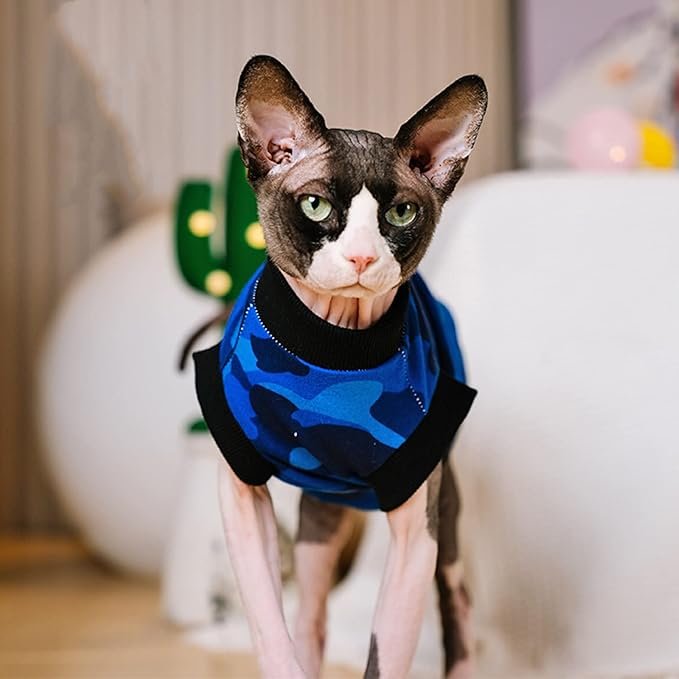1 Sphynx Hairless Cat Summer Cotton T-Shirts Cat Vest Pet Clothes,Round Collar Vest Kitten Shirts Sleeveless, Cats & Small Dogs Apparel (Medium, Blue Camo)