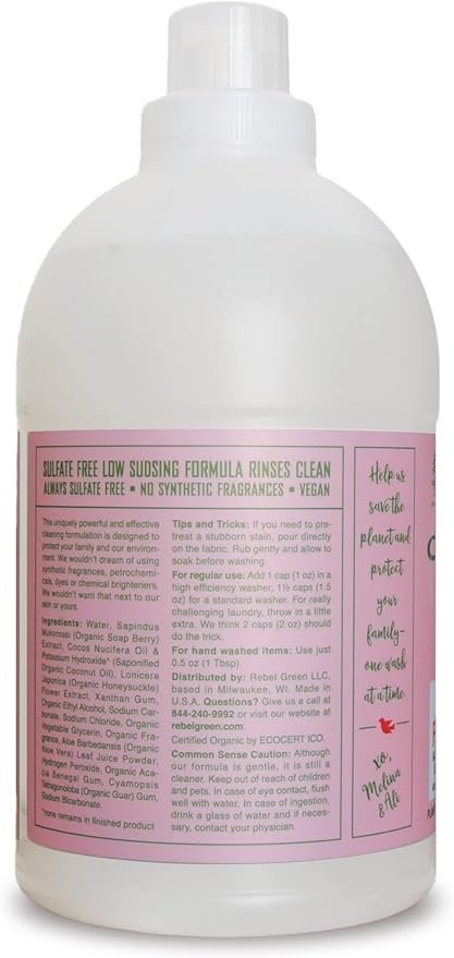 5 Rebel Green Organic Laundry Detergent - Natural Laundry Soap - Liquid Laundry Detergent with Dispenser Cup - Gentle Laundry Detergent - Fresh Pink Lilac - (64 Load Bottles, 2 Pack)