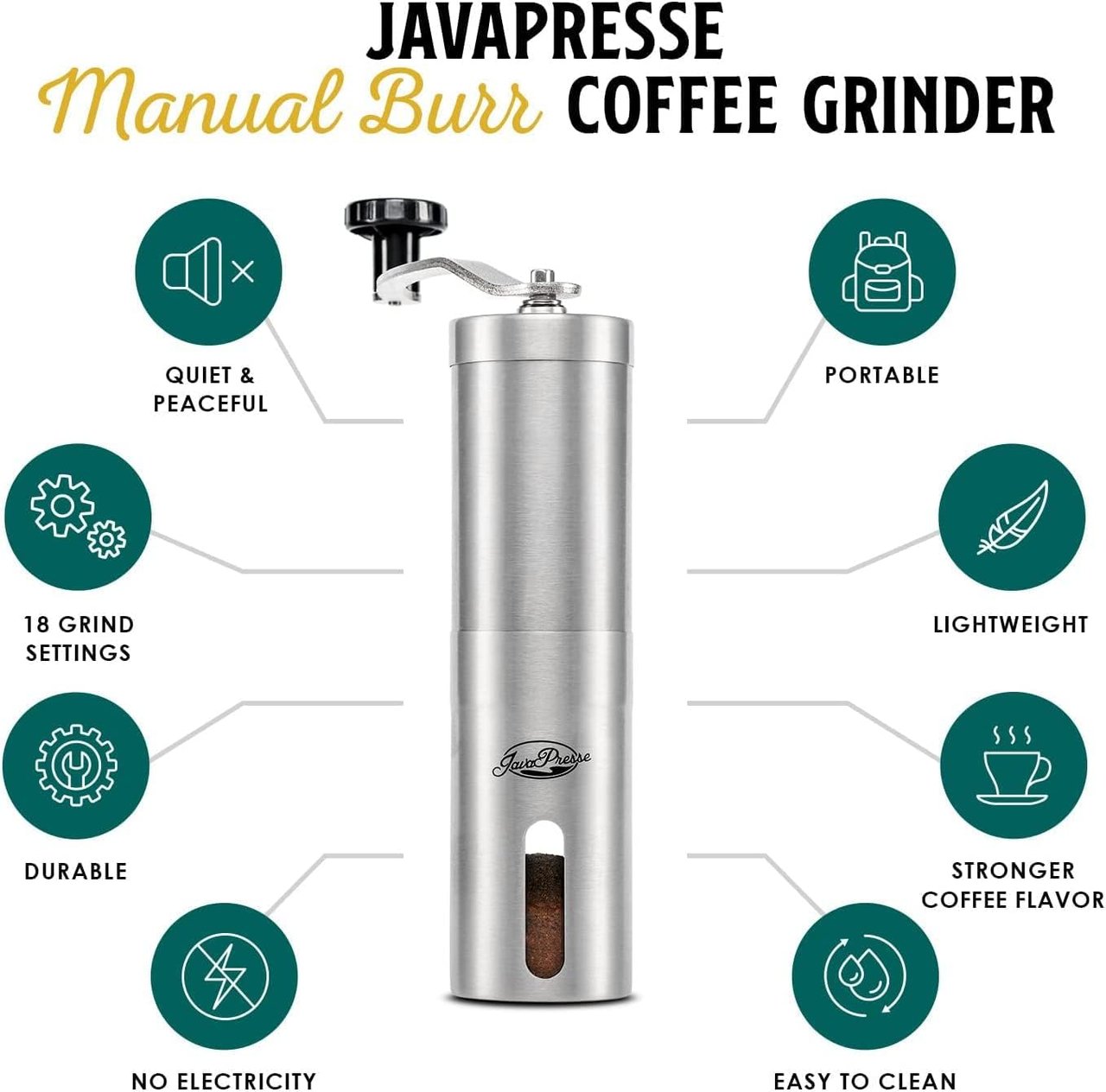2 JavaPresse's Manual Coffee Grinder - Precision Coffee Bean Grinder with 18 Customizable Grind Levels, Premium Stainless Steel Manual Burr Coffee Grinder with Hand Crank - Exceptional Present, Ideal for Outdoor Adventures.