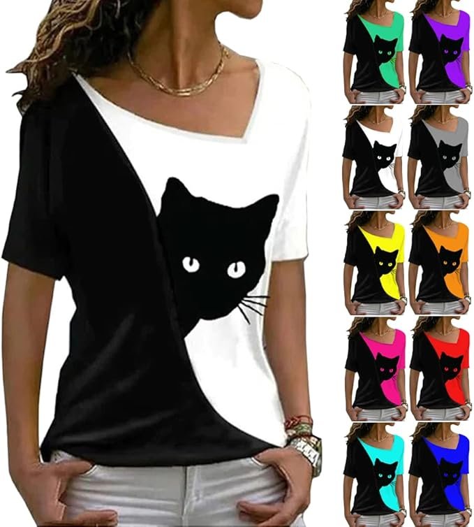 1 Womens Casual Short Sleeve T Shirts Cat Color Block Skew Collar Tops Comfy Summer Tees