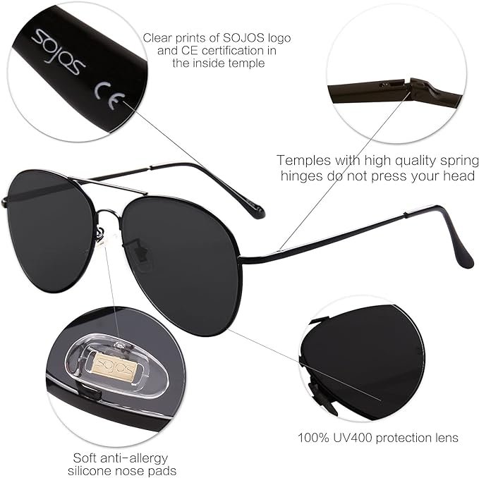 3 SJ1030 Aviator Sunglasses with Metal Frame and Spring Hinges for Women and Men by SOJOS.