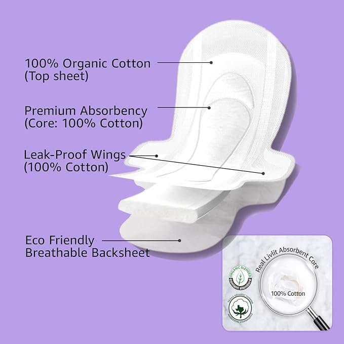 2 Super Long Overnight Pads Sanitary Pads, 100% Organic Cotton from Texas, Heavy Absorbency, Powerful Leak Protection, Unscented, Extra Long Length Pads for Women (10 Count)