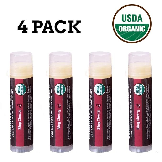 5 USDA Organic Lip Balm 4-Pack by Earth's Daughter - Cherry Flavor, Beeswax, Coconut Oil, Vitamin E - Best Lip Repair Chapstick for Dry Cracked Lips.