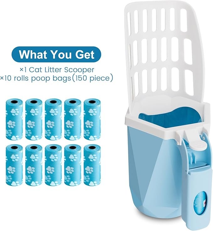 4 Cat Litter Scooper with Holder Kitty Litter Scoop with Bag, Cat Litter Shovel with 150 Refill Bags, Portable Cat Poop Scooper Cat Litter Container Easy to Clean Large Litter Box Scooper Blue