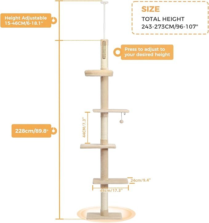 4 PETEPELA Cat Tower 5-Tier Floor to Ceiling Cat Tree Height(95-107 Inches) Adjustable, Tall, Climbing Tree Featuring with Scratching Post, Cozy Bed,Interactive Ball Toy for Indoor Cats/Kitten Beige