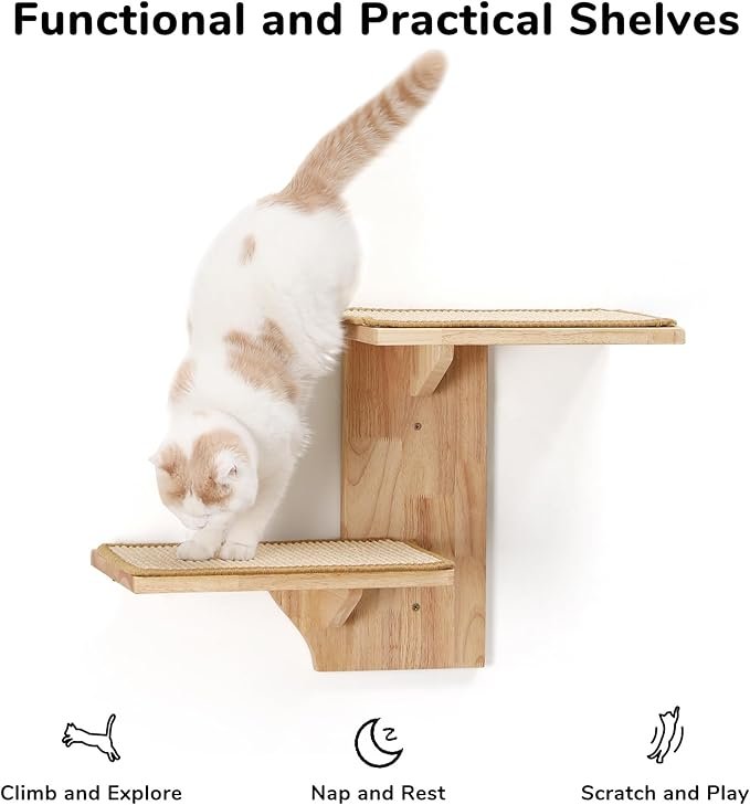 1 FUKUMARU Cat Wall Shelves, 2 Platforms, Tree Shape, Solid Rubber Wood, Sisal Mat, 10x28x18 inches, 10 lbs Capacity, Wall Mounted Cat Furniture for Climbing, Play, Nap