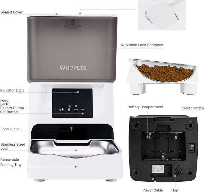 3 Automatic Cat Feeder, WHDPETS 4L WiFi Automatic Cat Food Dispenser with App Control Elevated Dog Feeder with Stainless Steel Bowl, Silicone Dog Bowl, Feeding Mat, 10s Voice Recorder(2.4G WiFi Only)