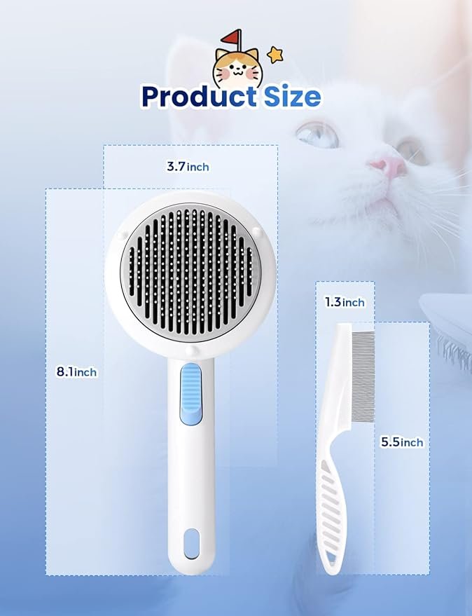 2 Cat Hair Brush with Release Button, RIFNEEIM Pet Self Cleaning Slicker Brush for Shedding and Grooming, Mats Tangled Hair Shedding Brush with Cat Flea Comb White