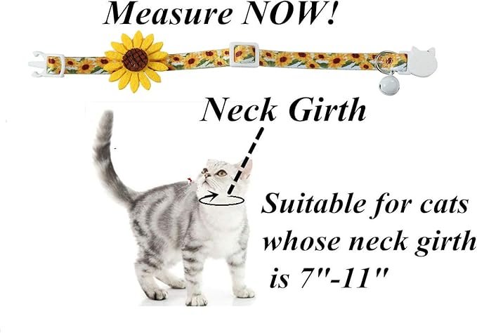 1 Flower Cat Collar with Detachable Sunflower Charm,Yellow Breakaway Kitten Collar with Bell