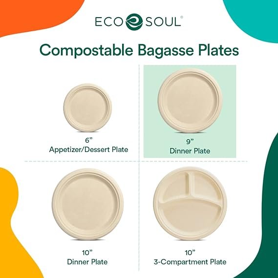 4 ECO SOUL 100% Compostable 9 Inch Paper Plates [100-Pack] Disposable Party Plates I Heavy Duty Eco-Friendly Dinner Plates Disposable I Biodegradable Unbleached Sugarcane Eco Plates
