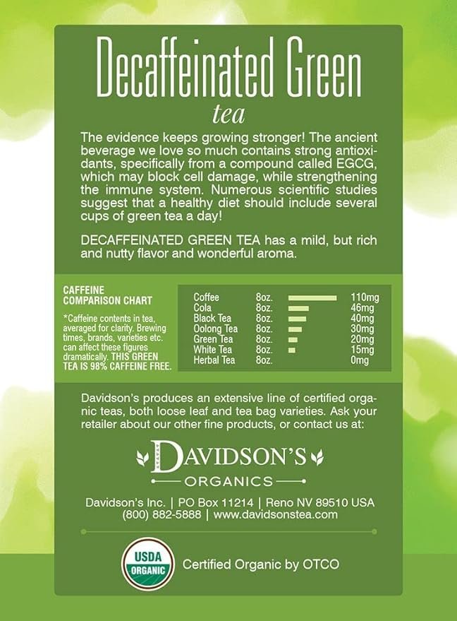 1 Davidson's Organics, Decaffeinated Green Tea, 8-count Tea Bags, Pack of 12