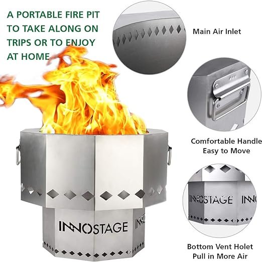 1 INNO STAGE Stainless Fire Pit with Portable Carrying Storage Bag, Patented Smoke-Free Firepit Bowl for Wood Pellet with Stand for Outdoor Campfire Flame or Bonfire BBQ on Patio Garden Backyard - M