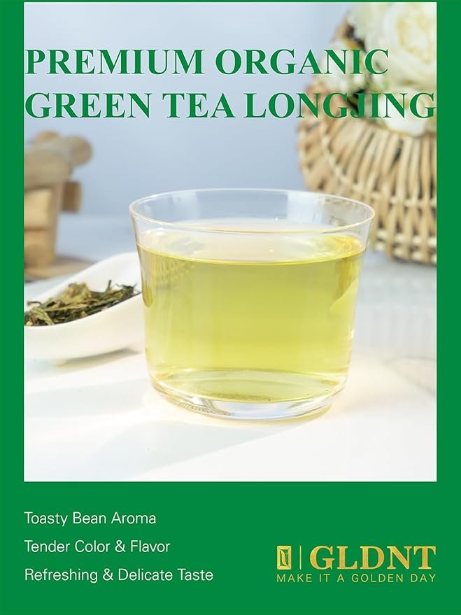 1 GLDNT Organic Green Tea Longjing, Premium Chinese Dragon Well Green Tea Loose Leaf, Fresh & Brisk Taste, 3.5oz/100g