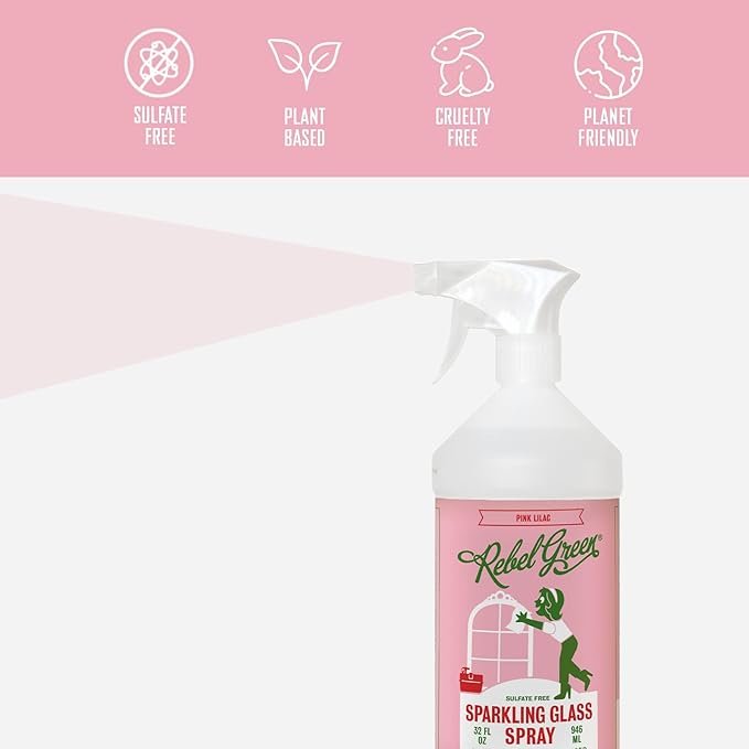 3 Rebel Green Sparkling Glass Cleaner - Streak Free Glass Cleaner Spray - Natural Glass & Surface Spray for Windows, Mirrors, & More - Scented with Pink Lilac - (32 Ounce Bottles, 4 Pack)