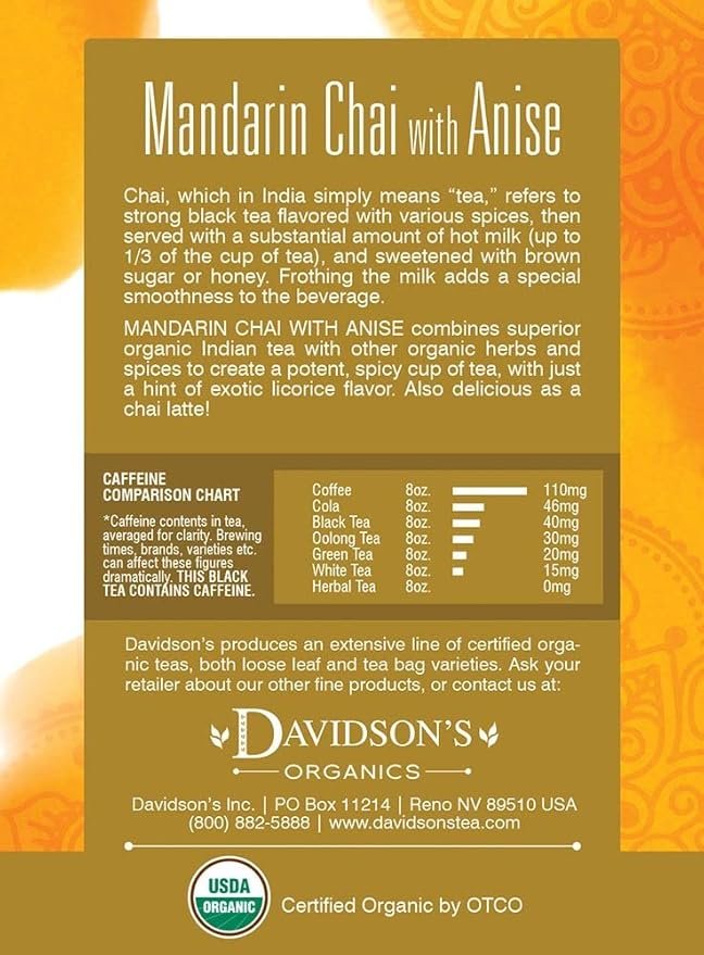 1 Davidson's Organics, Mandarin Chai w/Anise, 8-count Tea Bags, Pack of 12