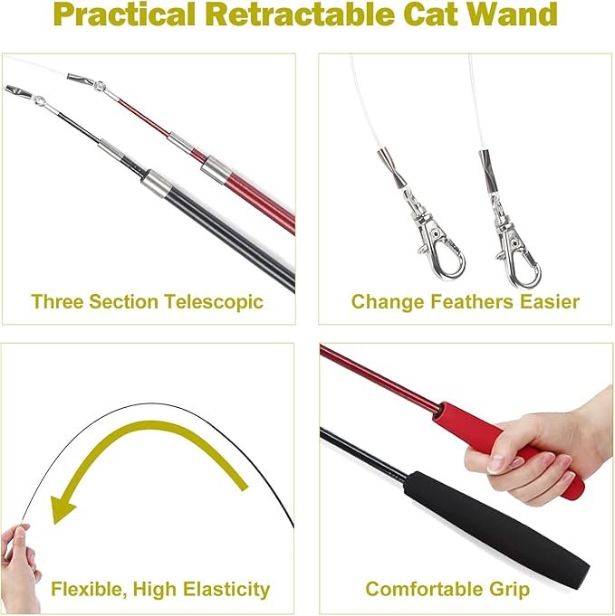 2 Interactive Cat Toys - Retractable Wand Toy and Feather Toys Refills for Indoor Cats to Chase and Exercise