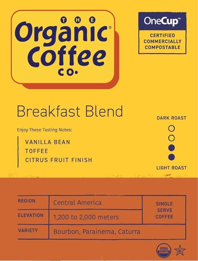 2 The Organic Coffee Co. Compostable Coffee Pods - Breakfast Blend (12 Ct) K Cup Compatible including Keurig 2.0, Medium Roast, USDA Organic