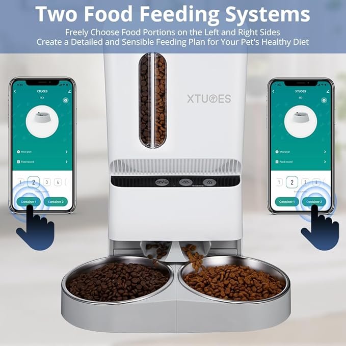 4 XTUOES Automatic Cat Feeders 2 Cat, 2.4G WiFi Microchip cat Feeder with Double Hoppers Dual timed cat Feeder for 2-18mm Kibble, 1-10 Meals & 30s Voice Record for Small Medium Cat Dog Pet