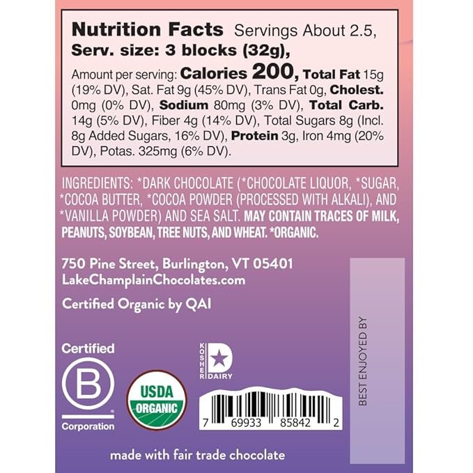 1 Lake Champlain 72% Organic Lightly Salted Dark Chocolate Bar, 3 Ounces