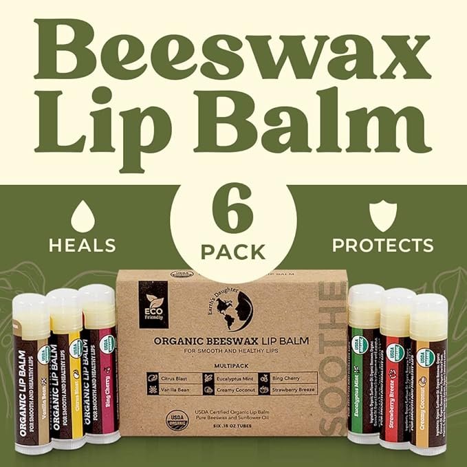 4 USDA Organic Lip Balm 6-Pack by Earth's Daughter - Fruit Flavors, Beeswax, Coconut Oil, Vitamin E - Best Lip Repair Chapstick for Dry Cracked Lips - Moisturizing Lip Care