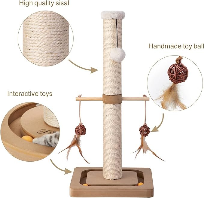 1 Cat Scratching Post Premium Sisal Toll Scratch Posts with Tracking Interactive Toys Vertical Scratcher for Indoor Cats and Kittens- 25 inches Beige