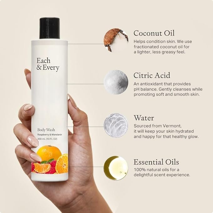 3 Each & Every Natural, Moisturizing Body Wash | Made with Essential Oils, Vegan & Sustainably Sourced | 10 fl oz (Raspberry & Mandarin)