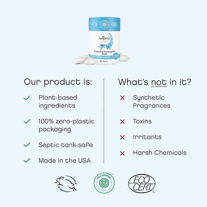 2 Unscented Laundry Pods by AspenClean,Fragrance Free, Zero Plastic, EWG Verified™, Vegan, Hypoallergenic Natural Laundry Detergent - 36 Count