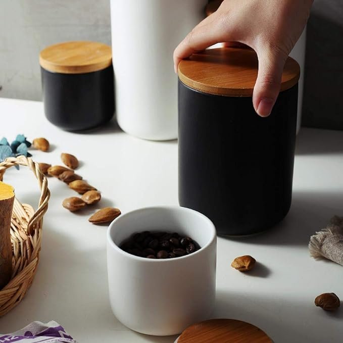 3 Black Ceramic Kitchen Canister with Bamboo Lid - Airtight Storage Container for Coffee, Tea, and Spices